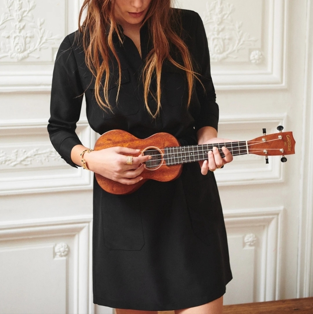 Sezane Long-Sleeved Silk Drew Dress with Shirt Collar